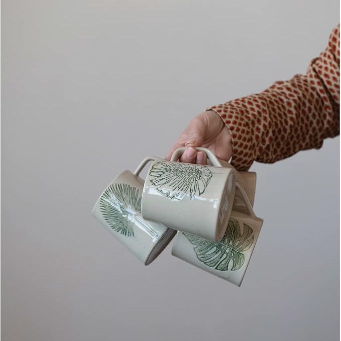 Stoneware Leaf Mug with Reactive Crackle Glaze (Set of 4 Styles)